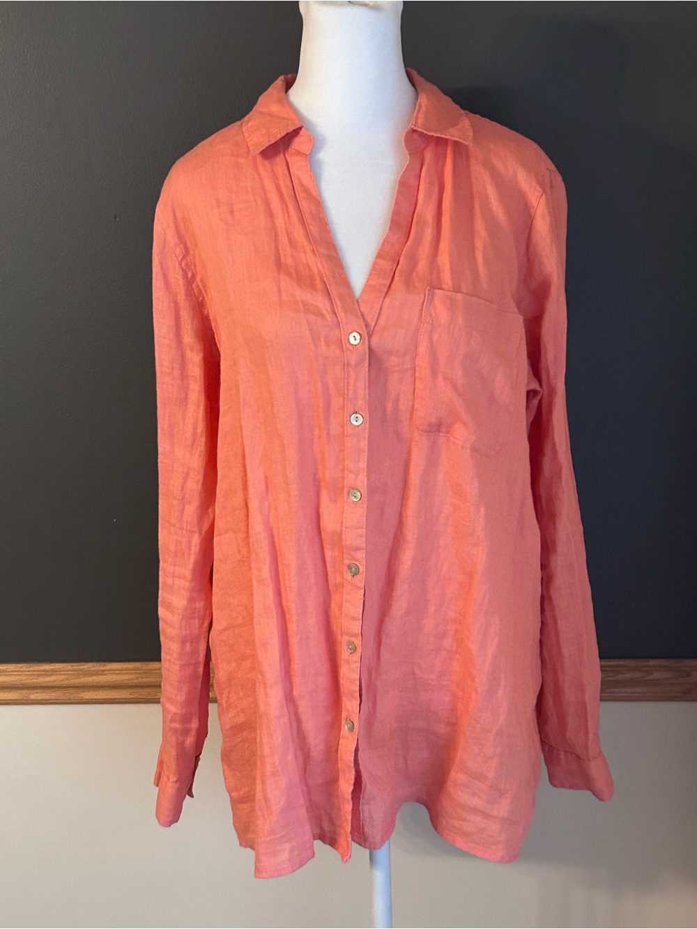 Sigrid Olsen 100% Linen button-down shirt vibrant coral warm orange Size Medium